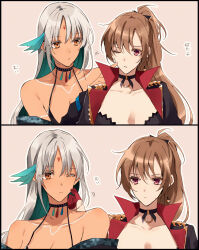  2girls amazuki_jou azur_lane bare_shoulders bikini bikini_top_only black_choker bodypaint breasts brown_hair bustier cheek_pinching cheek_poking choker cleavage collarbone commentary_request cropped_jacket dark-skinned_female dark_skin earrings facepaint feather_hair_ornament feathers gloves hair_ornament half_gloves halterneck high_collar high_ponytail highres historical_connection jacket jean_bart_(azur_lane) jewelry massachusetts_(azur_lane) multicolored_bikini multiple_girls native_american o-ring o-ring_choker off_shoulder one_eye_closed open_clothes open_jacket pale_skin pinching poking ponytail red_eyes red_gloves single_earring swimsuit tattoo translation_request tribal_tattoo two-tone_bikini white_hair yellow_eyes 