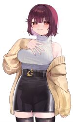  atelier_(series) atelier_sophie belt black_belt black_skirt blush breasts brown_hair brown_jacket brown_thighhighs closed_mouth commentary_request cowboy_shot female hand_on_own_chest hand_up highres jacket large_breasts long_sleeves off_shoulder open_clothes open_jacket puffy_long_sleeves puffy_sleeves red_eyes ribbed_sweater ryuuno6 short_hair simple_background skirt sleeveless sleeveless_sweater sleeveless_turtleneck sleeves_past_wrists smile solo sophie_neuenmuller sweater thighhighs turtleneck turtleneck_sweater white_background white_sweater 