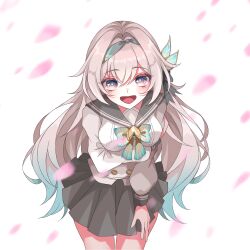  aqua_bow aqua_bowtie aqua_hair arm_under_breasts black_hairband blue_pupils bow bowtie breasts buttons commentary_request cowboy_shot double-breasted falling_petals female firefly_(honkai:_star_rail) firefly_(spring_missive)_(honkai:_star_rail) gradient_hair grey_hair grey_sailor_collar grey_skirt hair_between_eyes hair_intakes hair_ornament hairband highres honkai:_star_rail honkai_(series) large_breasts leaning_forward long_hair long_sleeves looking_at_viewer multicolored_hair naughty_(pixiv_82037990) official_alternate_costume open_mouth petals pink_petals plaid_bow plaid_bowtie plaid_clothes pleated_skirt purple_eyes sailor_collar school_uniform serafuku shirt simple_background skirt smile solo very_long_hair white_background white_shirt 