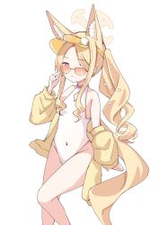  animal_ear_fluff animal_ears bare_shoulders blonde_hair blue_archive breasts brown_eyes closed_mouth clothing_cutout commentary_request covered_navel diamond_cutout extra_ears feet_out_of_frame female fox_ears fox_girl fox_tail frown groin halo hand_up highleg highleg_one-piece_swimsuit highres jacket jacket_partially_removed kk0220 long_hair looking_at_viewer official_alternate_costume official_alternate_hairstyle one-piece_swimsuit open_clothes open_jacket orange-tinted_eyewear ponytail seia_(blue_archive) seia_(swimsuit)_(blue_archive) side_ponytail sidelocks simple_background sitting small_breasts solo sunglasses swimsuit tail thighs tinted_eyewear visor_cap white_background white_one-piece_swimsuit yellow_halo yellow_jacket yellow_visor 