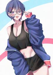  absurdres amamiya_maki black_tank_top blue_eyes blue_jacket breasts collarbone commentary_request glasses grey_nails hair_ornament hairpin highres jacket large_breasts midriff miyama_(yakinikusushi_the_royal) mole mole_under_eye navel open_clothes open_jacket original pink_pupils short_hair short_shorts shorts sleeves_past_wrists sweat tank_top teeth upper_teeth_only 