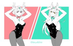  2girls armpits arms_up bare_shoulders black_leotard blush bow bowtie breasts chesshiire chest_jewel cleavage core_crystal_(xenoblade) covered_navel detached_collar double_v fishnet_pantyhose fishnets frown green_background headpiece highleg highleg_leotard highres jewelry large_breasts leotard limited_palette long_hair looking_at_viewer multiple_girls mythra_(xenoblade) pantyhose playboy_bunny pyra_(xenoblade) rabbit_pose red_background short_hair signature strapless strapless_leotard swept_bangs tiara v white_wrist_cuffs wrist_cuffs xenoblade_chronicles_(series) xenoblade_chronicles_2 yellow_eyes 