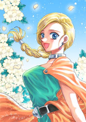  belt bianca_(dq5) blonde_hair blue_eyes blue_sky braid breasts cape commentary_request defense_zero dragon_quest dragon_quest_v dress earrings falling_petals female flower green_dress jewelry large_breasts long_hair looking_at_viewer neck_ring open_mouth orange_cape petals single_braid sky solo upper_body white_flower white_petals 