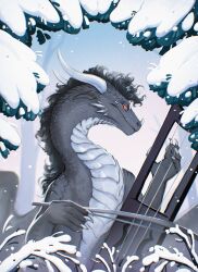  2026 alerrel black_mane dragon european_mythology feral grey_body grey_scales hi_res hirvendar male mane mythological_creature mythological_scalie mythology red_eyes scales scalie scar snow solo tagelharpa western_dragon white_body white_scales 
