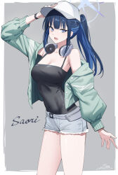  aqua_jacket arm_at_side artist_name bare_shoulders baseball_cap belt_pouch black_camisole blue_archive blue_hair border breasts camisole character_name collar_color commentary_request covered_navel cowboy_shot cross_halo denim denim_shorts female grey_background grey_halo grey_shorts halo hand_on_headwear hat headphones headphones_around_neck highres jacket large_breasts long_hair long_sleeves looking_at_viewer official_alternate_costume open_clothes open_jacket ponytail pouch saori_(blue_archive) saori_(swimsuit)_(blue_archive) shorts signature simple_background solo standing white_border white_hat 