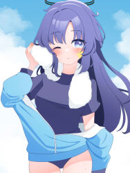  absurdres black_halo blue_archive blue_eyes blue_sky blush buruma cloud cloudy_sky commentary_request cowboy_shot drying female frown halo highres jacket jacket_partially_removed long_hair looking_at_viewer mechanical_halo one_eye_closed open_clothes open_jacket partially_unzipped petako_(ptpt_k) purple_buruma purple_hair purple_shirt shirt short_sleeves sidelocks sky solo standing star_(symbol) star_sticker sticker sticker_on_face sweat t-shirt towel towel_around_neck track_jacket white_background yuuka_(blue_archive) yuuka_(track)_(blue_archive) 