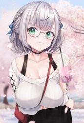 absurdres arm_under_breasts artist_logo artist_name bag between_breasts black-framed_eyewear black_choker black_skirt blurry blurry_background braid breasts bubble_tea cherry_blossoms choker commentary cup day disposable_cup drinking_straw falling_petals female glasses green_eyes grey_hair grin highres holding holding_cup hololive large_breasts leaning_forward logo looking_at_viewer making-of_available off-shoulder_sweater off_shoulder official_alternate_costume official_alternate_hairstyle outdoors pendant_choker petals plaid_clothes plaid_skirt ribbed_sweater semi-rimless_eyewear shirogane_noel shirogane_noel_(casual) short_hair shoulder_bag skirt smile snowflake_pendant solo strap_between_breasts sweater tree under-rim_eyewear upper_body v virtual_youtuber white_sweater zura2822 