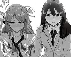  2girls blazer blush bra collared_shirt commentary english_commentary evil_satyre greyscale half_updo highres holding_another's_wrist jacket long_hair looking_at_another miyagi_shiori monochrome multiple_girls necktie open_clothes open_shirt parted_lips pinned school_uniform sendai_hazuki shirt shuuniichido_classmate_wo_kau_hanashi smile sweat underwear yuri 