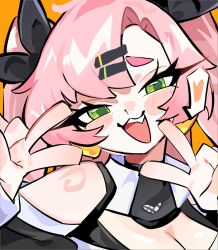  :3 black_jacket black_ribbon breasts close-up clothing_cutout crop_top earrings english_commentary female gatchipon green_eyes hair_ornament hair_ribbon hairclip heart heart_earrings jacket jewelry large_breasts long_hair looking_at_viewer mole mole_under_eye nicole_demara oerba_yun_fang open_clothes open_jacket open_mouth orange_hair pink_hair ribbon shoulder_cutout simple_background smile strapless teeth thick_eyebrows tube_top twintails upper_teeth_only white_tube_top zenless_zone_zero 