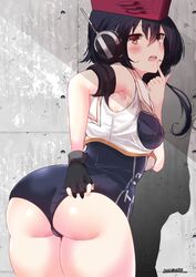  absurdres adjusting_clothes adjusting_swimsuit ass asymmetrical_hair black_hair black_one-piece_swimsuit blush breast_cutout breasts brown_eyes female framed_breasts gloves hair_between_eyes hat headphones highres i-13_(kancolle) kantai_collection looking_at_viewer looking_back momimaki one-piece_swimsuit open_mouth partially_fingerless_gloves sailor_collar school_swimsuit shadow shirt short_hair single_glove small_breasts solo standing swimsuit swimsuit_under_clothes wall 