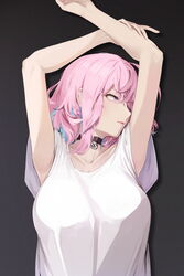  armpit_peek armpits arms_up bad_id bad_twitter_id bare_arms black_background black_choker breasts choker earrings expressionless female highres idolmaster idolmaster_cinderella_girls jewelry large_breasts looking_away multicolored_hair pill_earrings pink_eyes pink_hair shadow shirt short_hair short_sleeves sidelocks simple_background solo soya_(torga) streaked_hair upper_body white_shirt yumemi_riamu 