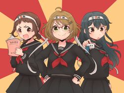  3girls ahoge blue_hair book brown_hair glasses hairband hands_on_own_hips highres idolmaster idolmaster_cinderella_girls multiple_girls muramatsu_sakura new_wave_(idolmaster) ohishi_izumi ribbon short_twintails smug tsuchiya_ako twintails wotsumiki_(sakura-yuzu) 