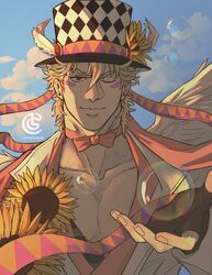  1boy artist_name bara battle_tendency blonde_hair blue_sky bubble caesar_anthonio_zeppeli catneylang cloud cloudy_sky collarbone commentary day derivative_work english_commentary facial_mark feather_hair_ornament feathers fingerless_gloves flower gloves green_eyes hair_between_eyes hair_ornament hat highres hydrokinesis jacket jojo_no_kimyou_na_bouken large_pectorals looking_at_viewer male_focus muscular muscular_male neck_ribbon one_eye_closed outdoors pectoral_cleavage pectorals ribbon sky smile solo sunflower upper_body water watermark 