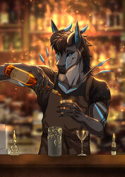  absurd_res alcohol antennae_(anatomy) anthro bartender bartending beverage clothed clothing counter detailed_background ears_up eyewear glasses glowing glowing_ears glowing_eyes glowing_horn glowing_markings grave_(illustriousgrave) grey_body hair hi_res horn hybrid kurosasori92 lounge male markings shape_shifter solo 