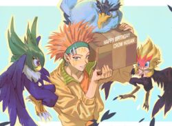  1boy alternate_costume bird black_feathers blackwing_blizzard_the_far_north blackwing_gale_the_whirlwind blackwing_kalut_the_moon_shadow blue_eyes carrying_over_shoulder casual crow_hogan duel_monster facial_mark feathers flying happy_birthday headband looking_at_viewer male_focus nobou_(32306136) orange_hair smile solo_focus spiked_hair upper_body yu-gi-oh! yu-gi-oh!_5d&#039;s 