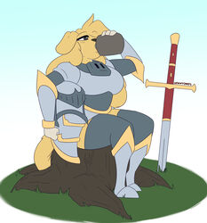  2020 amelia_steelheart anthro armor armored_boots armored_gloves black_nose bodily_fluids boob_armor breasts brown_body brown_eyes brown_fur brown_hair canid canine canis dewwydarts domestic_dog drinking female fur gradient_background grass grey_armor hair headgear helmet hi_res knight mammal medium_breasts melee_weapon metal plant simple_background sitting sitting_on_stump solo sweat sword sword_in_ground tree_stump warrior weapon 