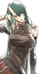  alternate_costume arknights bare_shoulders belt black_nails black_shirt clouble commentary detached_sleeves female green_hair hand_on_own_cheek hand_on_own_face highres horns hoshiguma_(arknights) hoshiguma_(ronin_huntress)_(arknights) jewelry long_hair necklace official_alternate_costume parted_lips shirt single_horn sitting skin-covered_horns sleeveless sleeveless_shirt solo yellow_eyes 