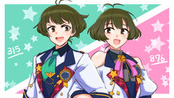  2boys akizuki_ryou antenna_hair bare_shoulders bow brown_eyes chains dress dual_persona green_hair highres idolmaster idolmaster_dearly_stars idolmaster_pop_links idolmaster_side-m locked_arms male_focus multiple_boys nana73 necktie open_mouth otoko_no_ko short_hair star_pin 