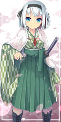  alternate_costume belt blue_eyes boots bow breasts closed_mouth collarbone commentary_request female green_belt green_bow green_shirt green_skirt grey_footwear grey_hair grey_hairband grey_ribbon hairband hand_up highres jacket japanese_clothes katana kimono konpaku_youmu long_sleeves looking_to_the_side medium_breasts open_clothes open_jacket petals pink_background purple_background red_bow ribbon shirt short_hair skirt smile solo standing sword touhou uumaru weapon white_background white_belt white_hair white_jacket wide_sleeves yagasuri 