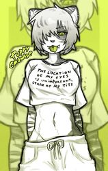  anthro blowup_background clothing conditional_dnp crop_top english_text fangs female fluffy fur fur_markings green_background green_eyes green_tongue hair hair_over_eye hi_res markings midriff navel olive_(puppyemonade) one_eye_obstructed oversized_clothing piercing puppyemonade shirt short_hair simple_background solo species_request suggestive_shirt suggestive_topwear t-shirt teeth text text_on_t-shirt tied_string tongue tongue_out tongue_piercing topwear 