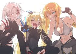  3girls :3 ahoge armband bandaid bandaid_on_cheek bandaid_on_face bare_shoulders black_bodysuit black_gloves black_leotard black_thighhighs blonde_hair blood blood_from_mouth blood_on_face blue_eyes bodysuit breasts cleavage closed_mouth collarbone commentary covered_collarbone drake_(nikke) ear_piercing elbow_gloves gloves goddess_of_victory:_nikke grey_sports_bra grin hair_between_eyes hair_ornament hairclip highleg highleg_leotard highres jewelry laplace_(nikke) leotard long_hair looking_at_viewer matis_(nikke) maxwell_(nikke) mechanical_legs medium_breasts midriff multiple_girls navel nikumanman no_headwear nosebleed oerba_yun_fang one_eye_closed open_mouth parted_bangs piercing red_eyes short_hair short_hair_with_long_locks sidelocks simple_background sitting small_breasts smile sports_bra squatting teeth thighhighs torn_bodysuit torn_clothes torn_leotard twintails two-tone_gloves v white_background white_hair 