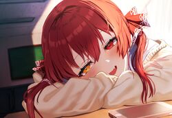  alternate_costume blush female head_on_table heterochromia highres hololive houshou_marine long_hair looking_at_viewer open_mouth ponnu_(nikeytina) red_eyes red_hair ribbon smile solo twintails virtual_youtuber yellow_eyes 