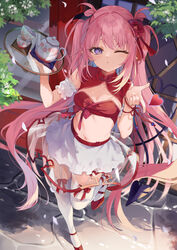  absurdres bare_shoulders breasts chinese_clothes crop_top demon_tail detached_sleeves female flower garter_straps hair_flower hair_ornament hands_up heart highres kedama_milk leg_up long_hair looking_at_viewer midriff miniskirt navel one_eye_closed original pink_hair purple_eyes red_footwear red_shirt sakyumama_(kedama_milk) see-through shirt shoes skirt sleeveless sleeveless_shirt small_breasts solo standing standing_on_one_leg stomach tail teapot thighhighs thighs tray twintails very_long_hair white_skirt white_thighhighs zettai_ryouiki 