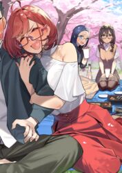  1boy 3girls 92m :t ahoge bare_shoulders blue_hair blush bottle braid brother_and_sister brown_hair cherry_blossoms commentary commentary_request cup dateko_(92m) drunk food glasses hanami highres holding holding_cup hug kakita_(92m) kinshi_no_ane_(92m) looking_at_another multiple_girls open_mouth original otouto_(92m) pink-framed_eyewear pout red_hair red_skirt semi-rimless_eyewear shirt short_hair siblings single_braid sitting skirt smile tree under-rim_eyewear wariza white_shirt 