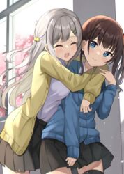  2girls :d ^_^ black_skirt blue_cardigan blue_eyes breasts brown_hair cardigan closed_eyes closed_mouth collared_shirt commentary_request grey_hair hair_bobbles hair_ornament hairclip highres hug hug_from_behind indoors keiran_(ryo170) long_hair long_sleeves medium_breasts multiple_girls one_side_up original pleated_skirt revision school_uniform shirt skirt sleeves_past_wrists smile very_long_hair white_shirt x_hair_ornament yellow_cardigan yuri 