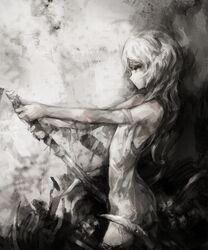  androgynous arched_back bandages closed_mouth commentary contrapposto cowboy_shot english_commentary from_side gender_request grey_eyes greyscale gyup hands_up highres holding holding_sword holding_weapon long_hair looking_away monochrome original outstretched_arms solo standing sword weapon 