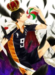  1boy ball black_hair cape crown dutch_angle feathers fur_trim gradient_cape haikyuu!! holding holding_ball kageyama_tobio karasuno_volleyball_uniform kei_(space_sonic) knee_pads male_focus motion_blur red_cape shorts solo sportswear volleyball volleyball_(object) volleyball_net volleyball_uniform 