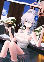  ;) armpits bare_shoulders blue_archive blue_sky blurry bowl braid breasts chopsticks cleavage collarbone commentary_request danbal depth_of_field female fence flower food grey_hair hair_between_eyes hair_flower hair_ornament halo haruna_(blue_archive) highres holding holding_bowl holding_chopsticks knees_together_feet_apart knees_up long_hair looking_at_viewer naked_towel one_eye_closed onsen outdoors partially_submerged red_eyes shrimp shrimp_tempura sidelocks single_braid sitting sky sleeveless smile snow solo tempura towel tree white_towel wooden_fence 