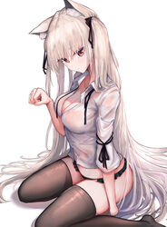  absurdres animal_ears areola_slip aruvina_(gu_luco) black_panties black_thighhighs blonde_hair breasts cat_ears cleavage collarbone commentary_request female gu_luco hair_between_eyes hair_ribbon hand_up highres long_hair looking_at_viewer medium_breasts no_bra original panties paw_pose red_eyes ribbon shirt sitting sitting_on_hand solo thighhighs thighs twintails underwear very_long_hair wariza wet wet_clothes wet_shirt white_background 