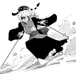  commentary_request dress female goggles greyscale holding junko_(touhou) kikoka_(mizuumi) long_hair long_sleeves monochrome simple_background ski_goggles ski_pole skiing skis solo tabard tassel touhou white_background wide_sleeves 