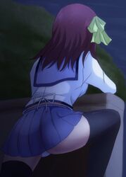  angel_beats! ass back back_peek black_thighhighs blue_sailor_collar blue_skirt bow commentary female from_behind goddess_of_victory:_nikke green_bow hairbow knee_up lelie_(lelie_link) long_sleeves medium_hair meme miniskirt nakamura_yuri night nikke&#039;s_shooting_pose_(meme) outdoors panties panty_peek parody pleated_skirt purple_hair sailor_collar shinda_sekai_sensen_uniform shirt skirt solo standing style_parody thighhighs thighs underwear white_panties white_shirt 