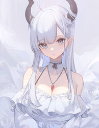  ahoge bare_shoulders blue_eyes breasts chinese_commentary cleavage commentary demon_girl demon_horns detached_collar dress female hair_on_horn halterneck highres horns jewelry large_breasts long_hair looking_at_viewer necklace nekojira off-shoulder_dress off_shoulder original parted_lips pointy_ears solo thea_(nekojira) upper_body white_dress white_hair 