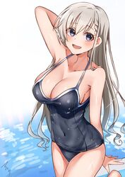  blue_eyes braid braided_bangs breasts cleavage commentary_request covered_navel cowboy_shot female grey_hair highres hisakawa_hayate idolmaster idolmaster_cinderella_girls large_breasts long_hair looking_at_viewer mabanna one-piece_swimsuit school_swimsuit signature simple_background solo standing standing_on_one_leg swimsuit water white_background 