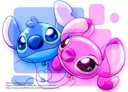  2018 alien angel_(lilo_and_stitch) animal_balloon animal_ear_balloon animate_inanimate balloon balloon_with_face blue_body blue_nose canon_couple color_partitioning creature_print disney duo experiment_(lilo_and_stitch) eyelashes female head_print headshot_portrait inflatable lilo_and_stitch makishi_ookami male no_sclera partitioning pink_body pink_inner_ear pink_nose portrait print_balloon signature smile stitch_(lilo_and_stitch) text url 