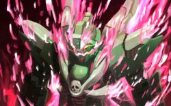  arkerxx crossbone_gundam crossbone_gundam_ghost fire glowing glowing_eyes gundam highres looking_down mecha no_humans open_mouth phantom_gundam pink_fire pirate robot science_fiction skull solo v-fin yellow_eyes 