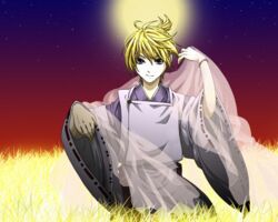  1boy blonde_hair blue_eyes commentary_request faux_traditional_media field full_moon indigo_(module) japanese_clothes kagamine_len kimono looking_at_viewer male_focus moon naoto_(sandersoniahirahira) night ponytail short_hair solo sun vocaloid white_kimono yellow_nails 