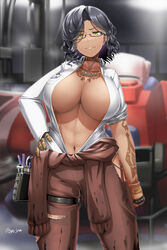  arm_tattoo armored_core armored_core_6 black_hair breasts brown_jumpsuit center_opening cinder_carla cleavage commentary_request dark-skinned_female dark_skin female full_course_(armored_core_6) glasses highres huge_breasts jumpsuit jumpsuit_around_waist looking_at_viewer mecha medium_hair navel open_clothes open_shirt robot saizu_nitou_gunsou shirt sleeves_rolled_up solo standing tattoo tied_jumpsuit white_shirt yellow_eyes 