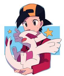  1boy alternate_color backwards_hat baseball_cap black_hair blue_background border ethan_(pokemon) grey_eyes hat highres holding holding_pokemon jacket long_sleeves looking_down lugia male_focus pokemon pokemon_(creature) pokemon_hgss red_jacket shiny_pokemon short_hair smile star_(symbol) sweatdrop tyako_089 upper_body white_border 