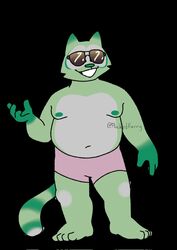  4_fingers 4_toes anthro bent_arm bottomwear clothing digital_media_(artwork) english_text eyewear feet fingers fred_(fredrick_brennan) front_view fur green_body green_fur hi_res male mammal navel nipples overweight overweight_male pocketfurry procyonid raccoon shorts slightly_chubby smile smiling_at_viewer solo standing sunglasses text toes 