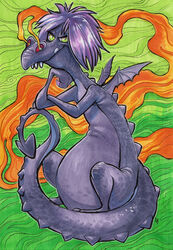  abstract_background ambiguous_gender anthro disney dragon green_eyes hair hi_res looking_at_viewer madam_mim mythological_creature mythological_scalie mythology purple_body purple_hair purple_scales scales scalie semi-anthro sitting small_wings smile smoke smoke_from_nose solo spade_tail tail the_sword_in_the_stone thecrazydragon traditional_media_(artwork) wide_hips wings 