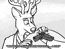  2020 4:3 4_fingers anthro antlers avoid_posting beastars black_and_white cervine clothed clothing deer digital_drawing_(artwork) digital_media_(artwork) disembodied_hand dithering duo english_text fingers fur gun handgun horn humor louis_(beastars) male mammal monochrome pistol ranged_weapon red_deer rml simple_background solo_focus text weapon white_background 