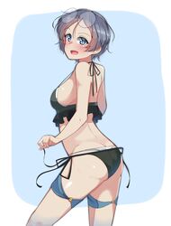  absurdres ass back bikini blue_eyes blush commentary cowboy_shot eyewear_on_head female frilled_bikini frills girls_und_panzer glasses grey_hair highres holding holding_ribbon kshimu layered_bikini looking_at_viewer medium_hair open_mouth ribbon rimless_eyewear round_eyewear rumi_(girls_und_panzer) short_hair side-tie_bikini_bottom smile solo standing swimsuit thigh_strap white_bikini 