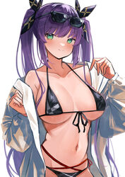  absurdres bikini black_bikini black_ribbon blush breasts cleavage closed_mouth collarbone commentary cowboy_shot eyewear_on_head female front-tie_bikini_top front-tie_top green_eyes hair_ribbon halterneck highres jacket king&#039;s_cross_(mist_train_girls) large_breasts long_hair looking_at_viewer midorino_(green-happy) mist_train_girls multi-strapped_bikini_bottom navel off_shoulder open_clothes open_jacket purple_hair ribbon simple_background smile solo standing stomach string_bikini sunglasses swimsuit twintails white_background white_jacket 