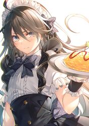  1boy 3: ahoge black_hair black_skirt blush bow bowtie buttons closed_mouth double-breasted floating_hair food frills grey_bow grey_bowtie grey_eyes hair_between_eyes hairbow hand_up high-waist_skirt highres holding holding_food holding_plate leonis_death_magnus looking_at_viewer maid maid_headdress male_focus mini_flag official_art omelet omurice otoko_no_ko plate puffy_short_sleeves puffy_sleeves seiken_gakuin_no_maken_tsukai shirt short_sleeves simple_background skirt solo toosaka_asagi tray white_background white_shirt wristband 