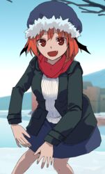  :d alternate_hair_length alternate_hairstyle bat_wings blurry bright_pupils coat commentary_request depth_of_field fangs female futatsuki_eru hair_between_eyes head_wings koakuma lake leaning_forward long_sleeves open_mouth outdoors red_eyes red_hair red_scarf scarf scarlet_devil_mansion short_hair skirt sky smile snow solo touhou white_pupils wings winter_clothes 