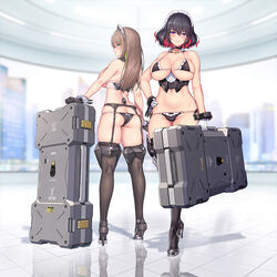  2girls ass bikini black_gloves black_hair black_legwear blade_(nidy) blue_eyes blush breasts brown_hair choker cleavage closed_mouth commentary_request from_behind full_body garter_belt gloves hand_on_own_hip high_heels holding holding_case indoors javelin_(nidy) large_breasts long_hair looking_at_viewer maid_headdress micro_bikini multicolored_hair multiple_girls nidy original purple_eyes red_hair reflective_floor revealing_clothes short_hair sideboob skindentation smile standing streaked_hair swimsuit thighhighs thighs tile_floor tiles underboob underbust weapon_case white_gloves wrist_cuffs 